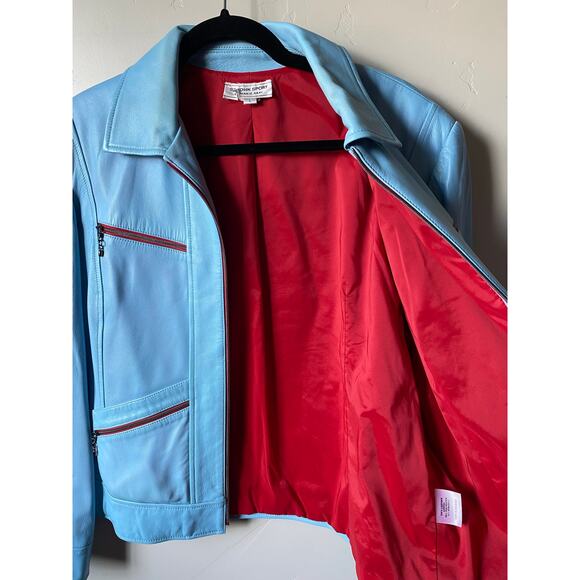 Y2K St. John Sport By Marie Gray Blue Leather Jacket w/ Red Trim Accents/Lining - Picture 13 of 16